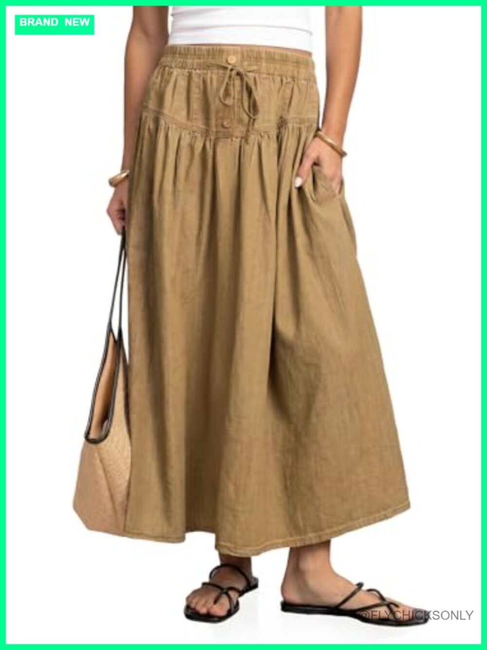 A-Line Pleated Denim Midi Skirt Button Front Pockets Elastic Waist